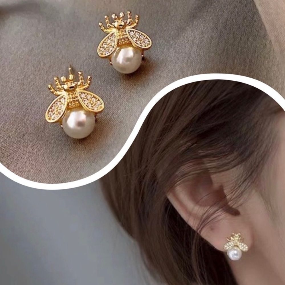 Bee Gold Earrings With Pearl S925 Silver Post nwt